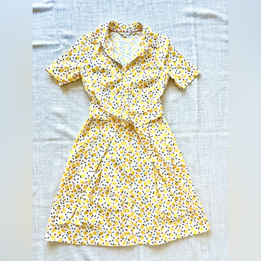 Boden Anastasia Women's Dress Cotton button down pockets waist belt lemon print